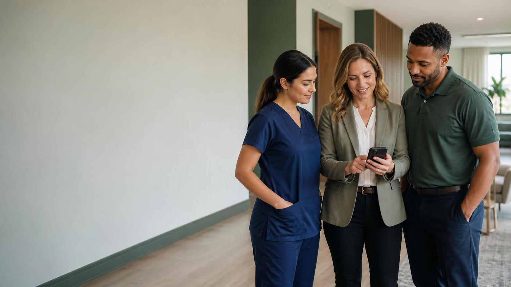 Three senior-living staff members reviewing an update on a smartphone